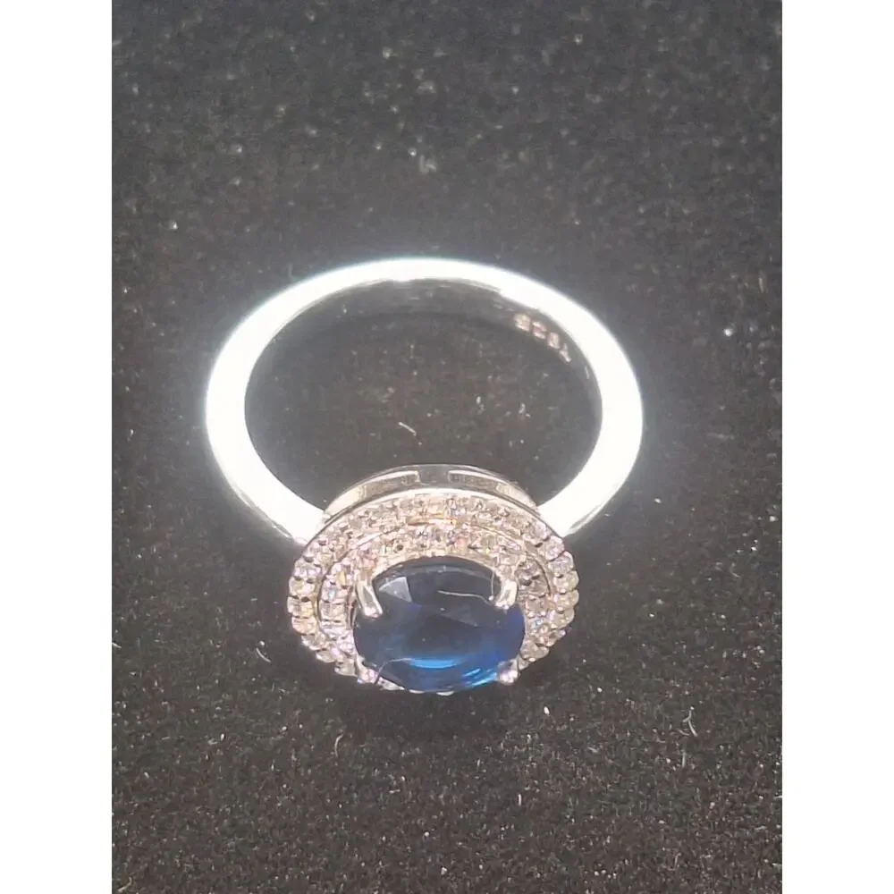 925 Sterling Silver 2.20ct Sapphire Halo Ring Round Blue Size 6.25 NIB